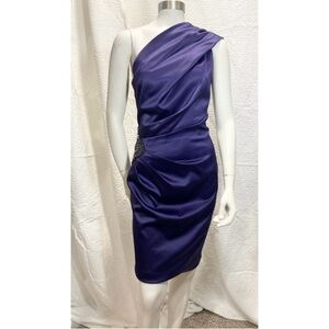 Beaded One Shoulder Satin Cocktail Dress - Purple